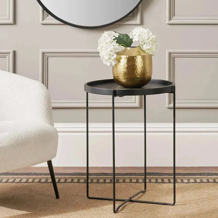 Voss Black Wood Veneer and Black Metal Side Table  Nicholas John Interiors