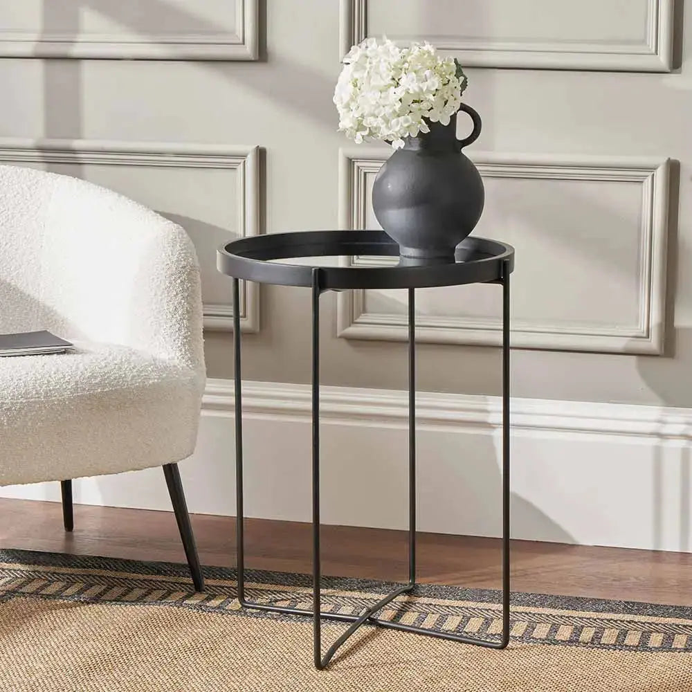 Voss Mirrored Glass and Black Wood Veneer Side Table  Nicholas John Interiors