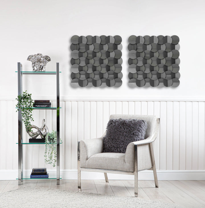 Modern interior with gray textured wall panels, a glass shelf, and a chair.