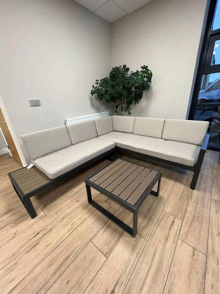 Aluminium Corner Lounge Set with Dark Grey Frame and Beige Cushions UCPMJ
