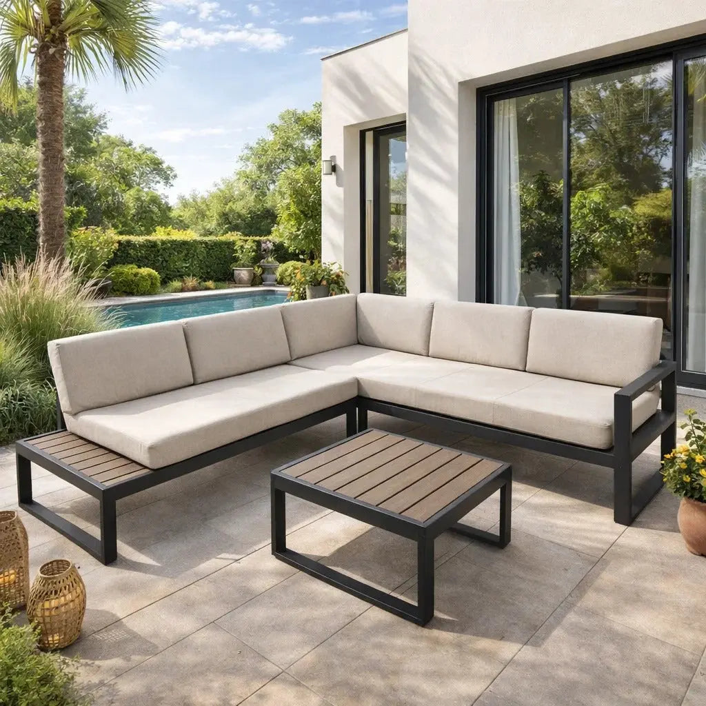 Aluminium Corner Lounge Set with Dark Grey Frame and Beige Cushions