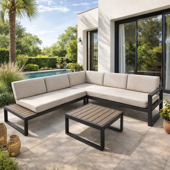 Aluminium Corner Lounge Set with Dark Grey Frame and Beige Cushions