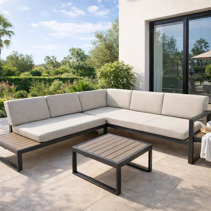 Aluminium Corner Lounge Set with Dark Grey Frame and Beige Cushions