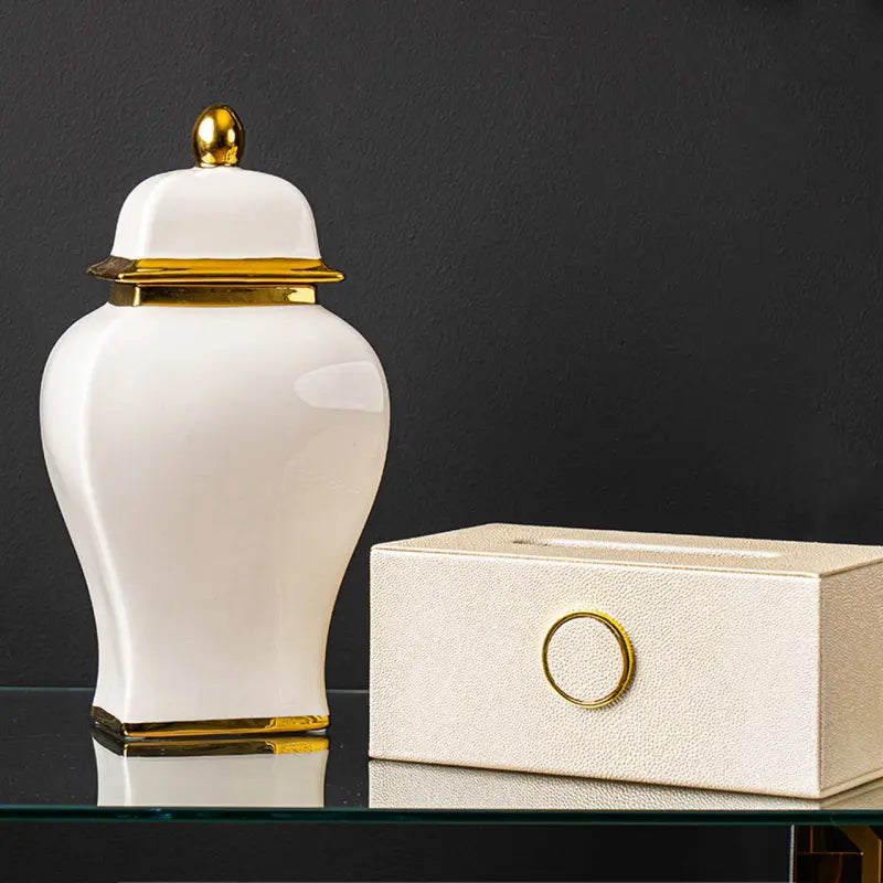 White Ginger Jar with Gold Lid Lina Home