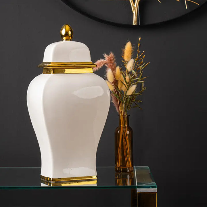 White Ginger Jar With Gold Lid - 42.6 cm Lina Home