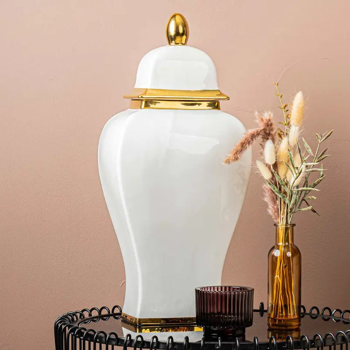 White Ginger Jar With Gold Lid - 42.6 cm Lina Home