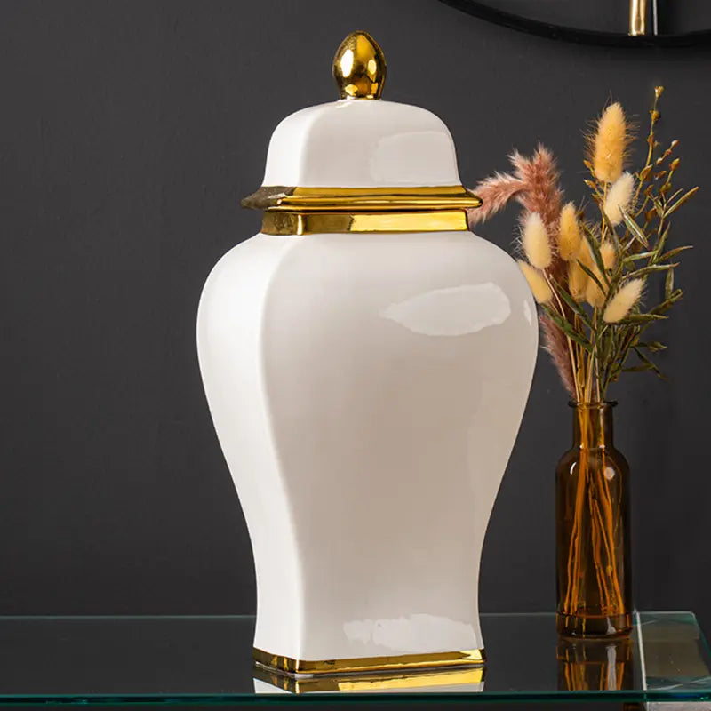 White Ginger Jar With Gold Lid - 42.6 cm Lina Home