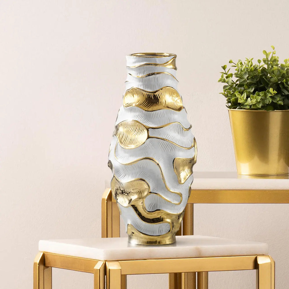 White and Gold Textured Ripples Design Vase – 36 cm Lina Home