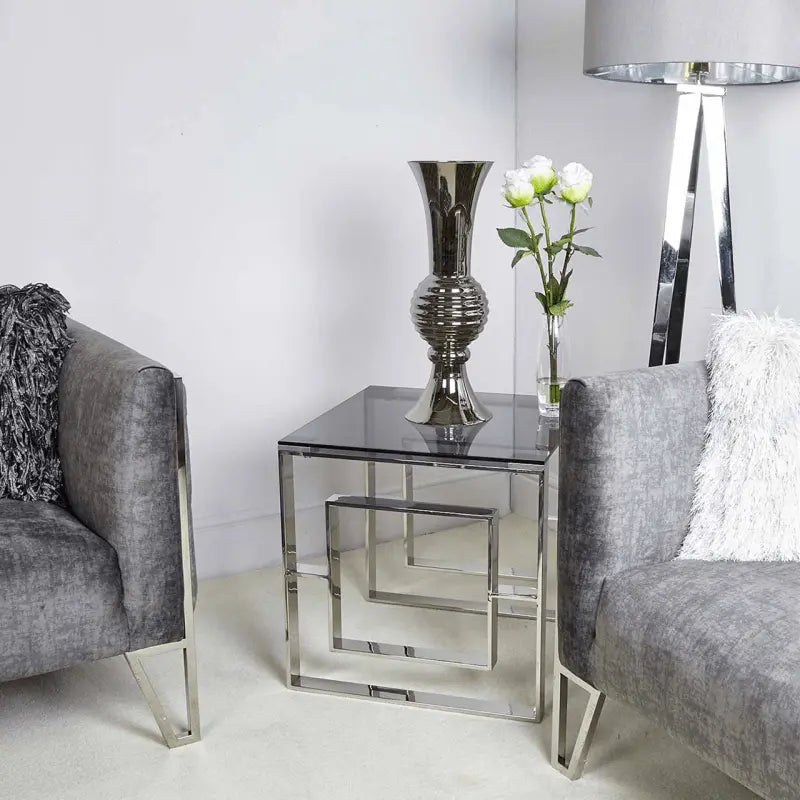 Apex Stainless Steel End Table Smoked Glass Top #NJ Home Interiors#