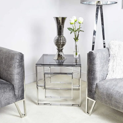 Apex Stainless Steel End Table Smoked Glass Top #NJ Home Interiors#