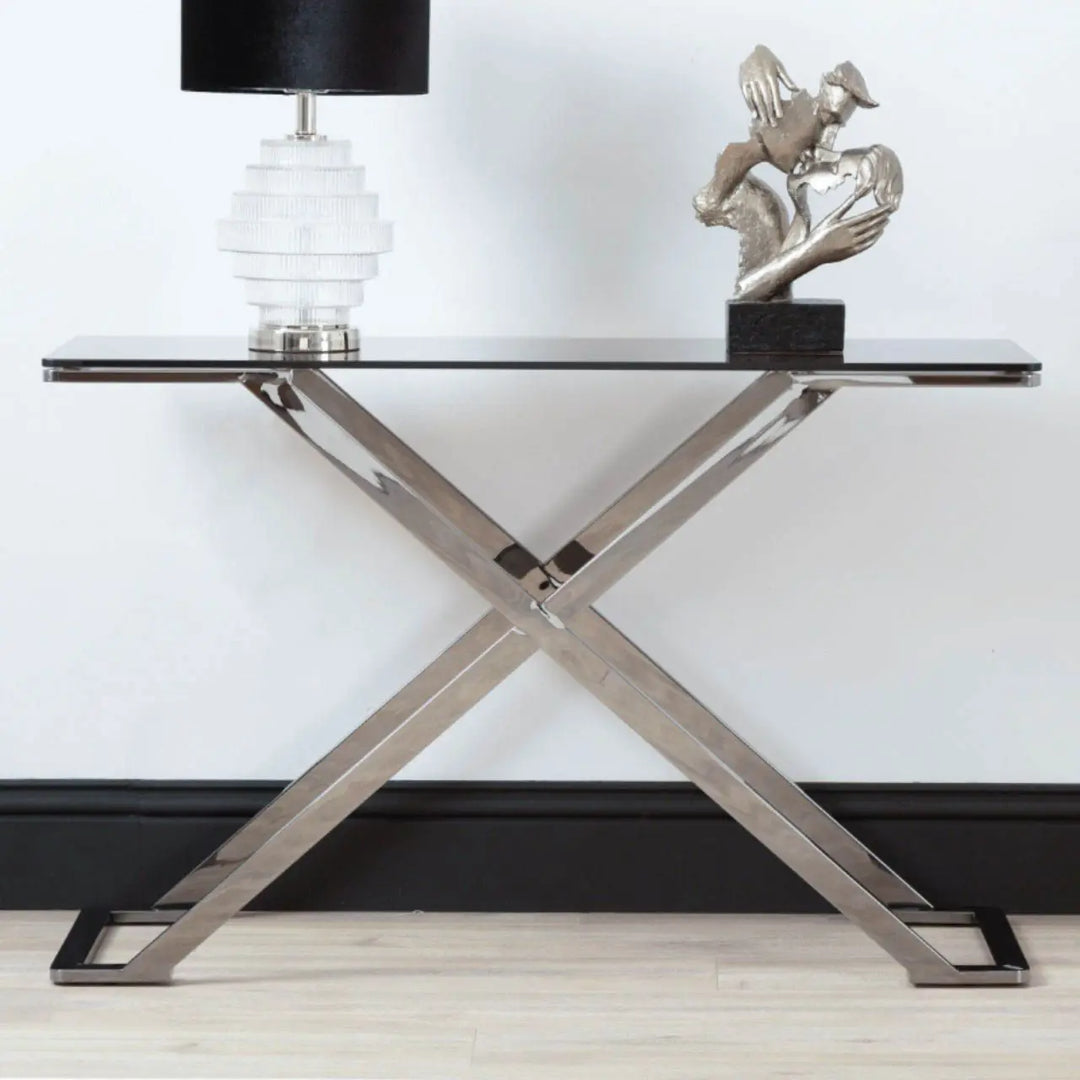 Aziel Grey Gunmetal with Smoke Glass Console Table - NJ Home Interiors