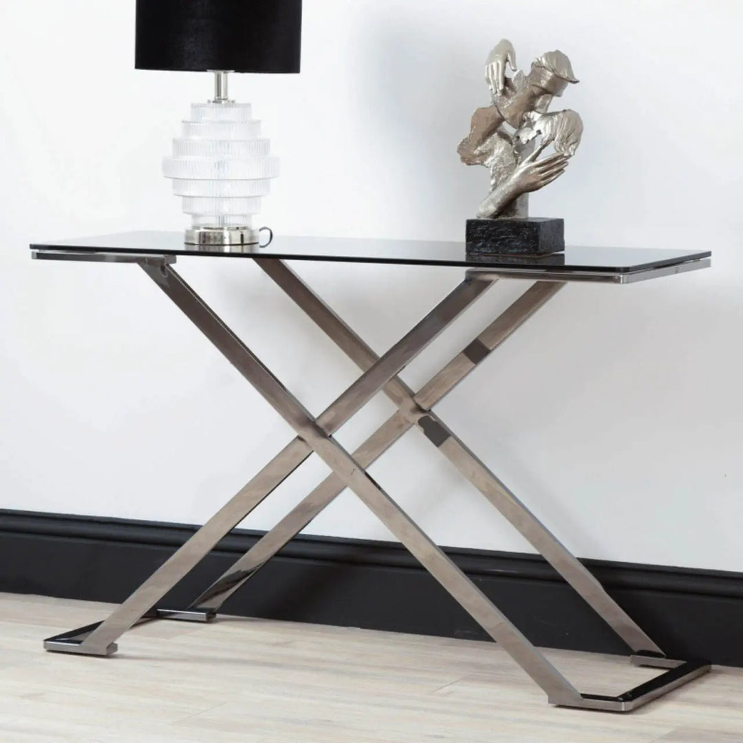 Aziel Grey Gunmetal with Smoke Glass Console Table - NJ Home Interiors