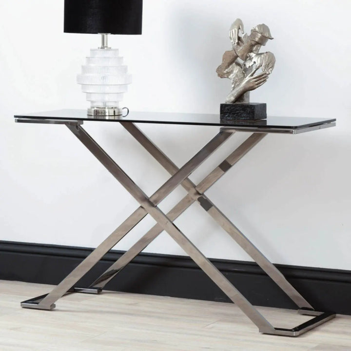 Aziel Grey Gunmetal with Smoke Glass Console Table - NJ Home Interiors