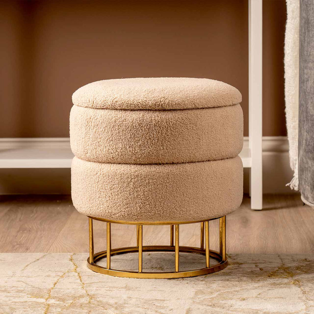 Beige Boucle Round Storage Stool with Gold Legs #NJ Home Interiors#