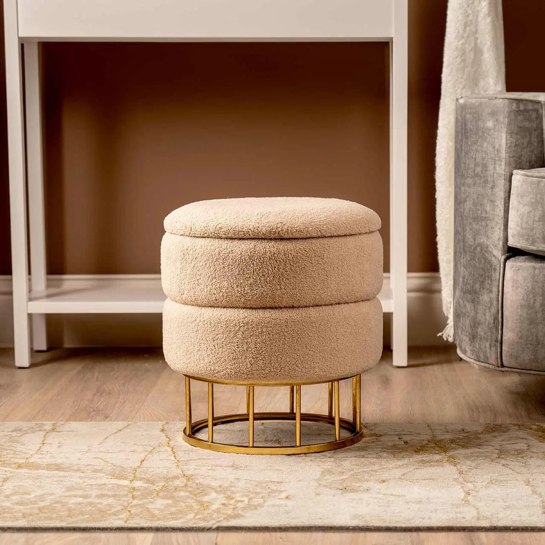 Beige Boucle Round Storage Stool with Gold Legs #NJ Home Interiors#