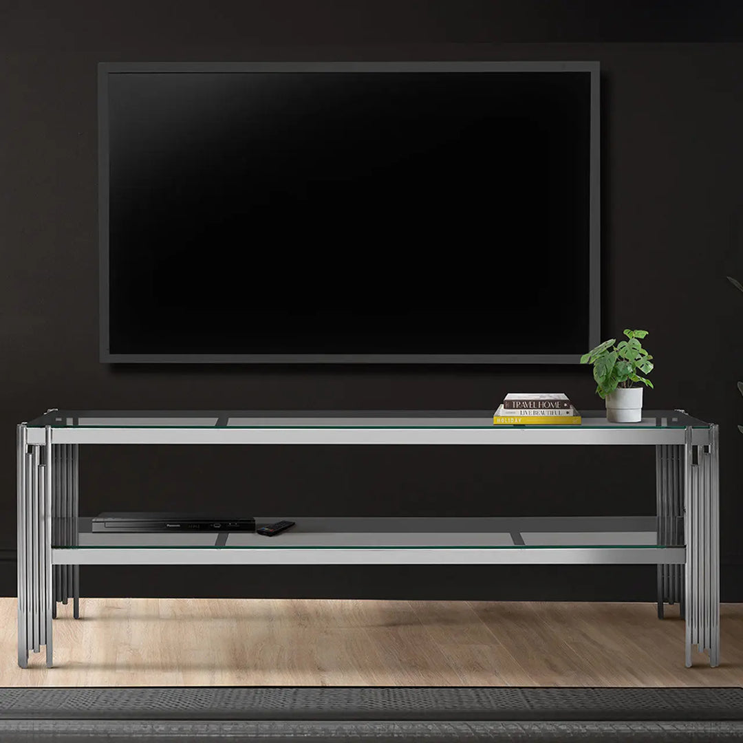 Cohen Chrome Steel Tubes Entertainment Unit with Clear Glass Shelves - LUX - HOM