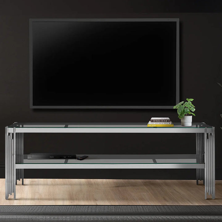 Cohen Chrome Steel Tubes Entertainment Unit with Clear Glass Shelves - LUX - HOM