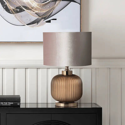 Frost Brown Pleated Glass Table Lamp with Champagne Velvet Shade #NJ Home Interiors#