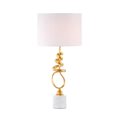Gold Leaf Metal and Marble Table Lamp with White Linen Shade #NJ Home Interiors#