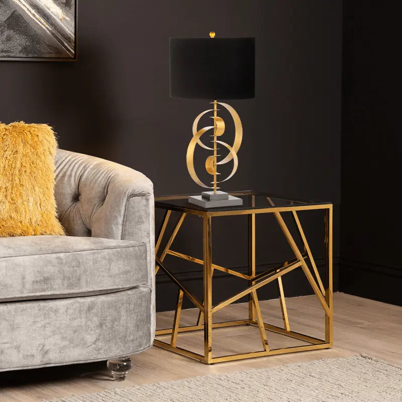 Gold Leaf Metal Table Lamp with Black Linen Shade #NJ Home Interiors#