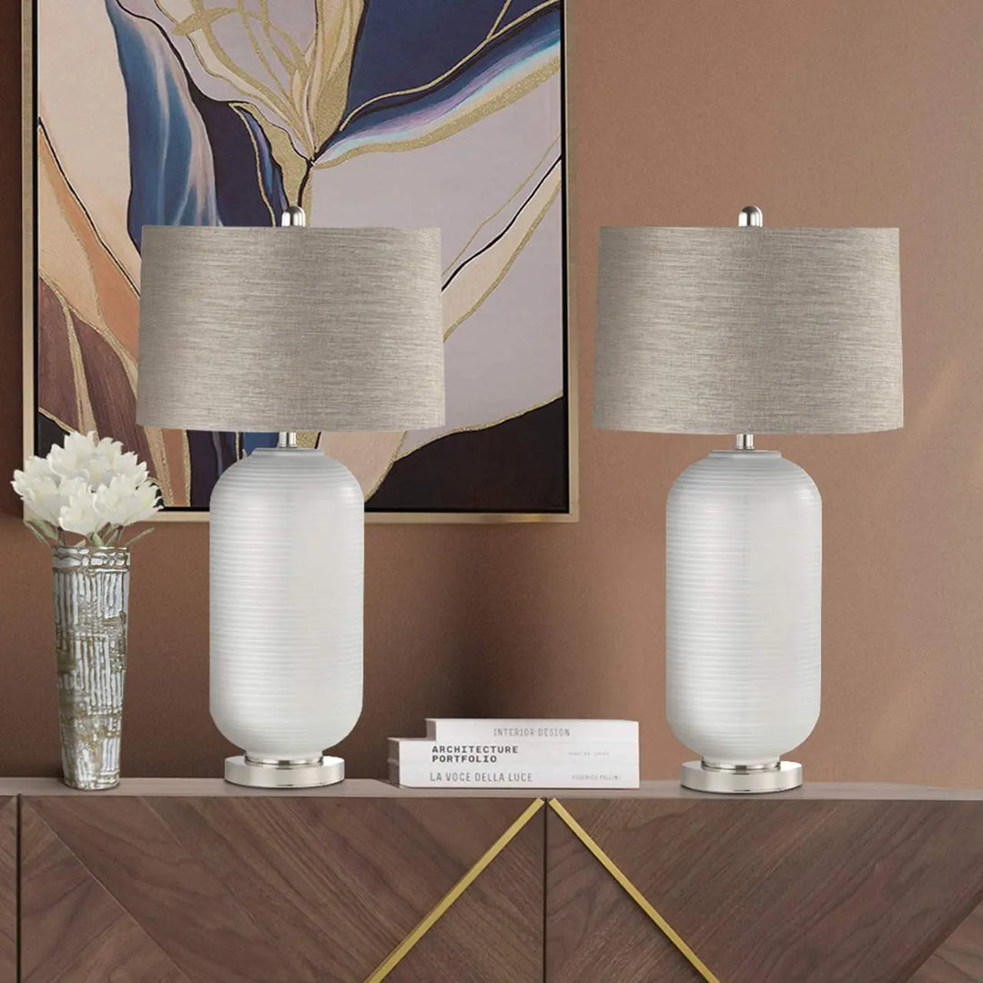 Grey Stripe Glass Table Lamp with Brown Linen Shade #NJ Home Interiors#