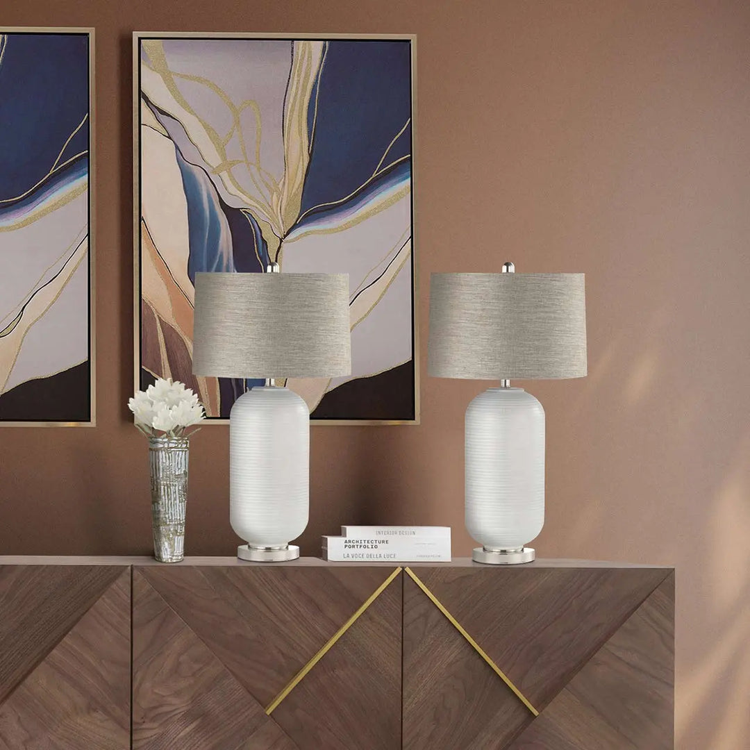 Grey Stripe Glass Table Lamp with Brown Linen Shade #NJ Home Interiors#