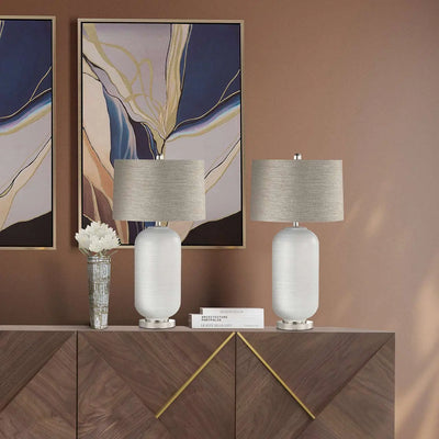 Grey Stripe Glass Table Lamp with Brown Linen Shade #NJ Home Interiors#