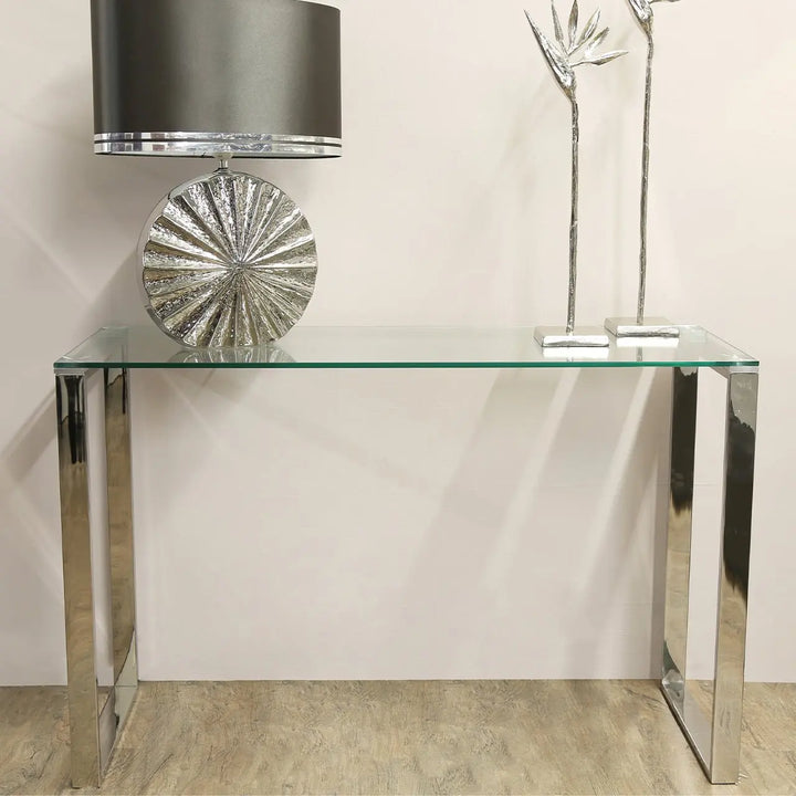 Harry Stainless Steel Console Table Clear Glass Top #NJ Home Interiors#