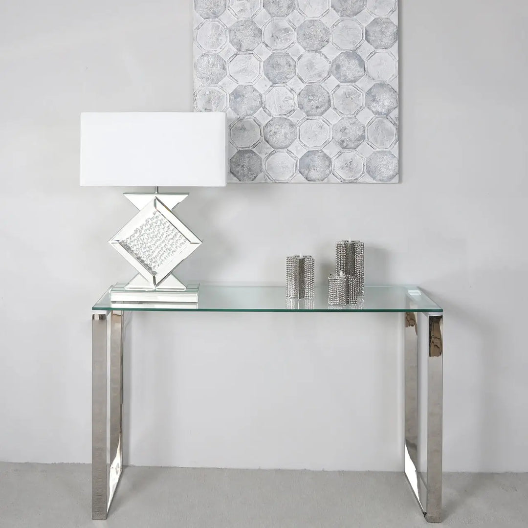 Harry Stainless Steel Console Table Clear Glass Top #NJ Home Interiors#