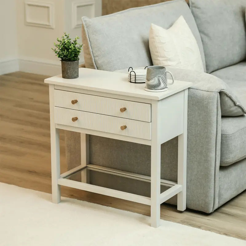 Lindon Frosty White 2 Drawer Bedside Cabinet with Clear Glass Shelf with Gold Handle #NJ Home Interiors#