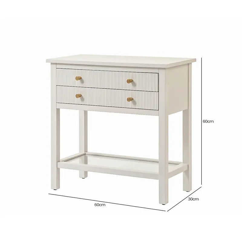 Lindon Frosty White 2 Drawer Bedside Cabinet with Clear Glass Shelf with Gold Handle #NJ Home Interiors#