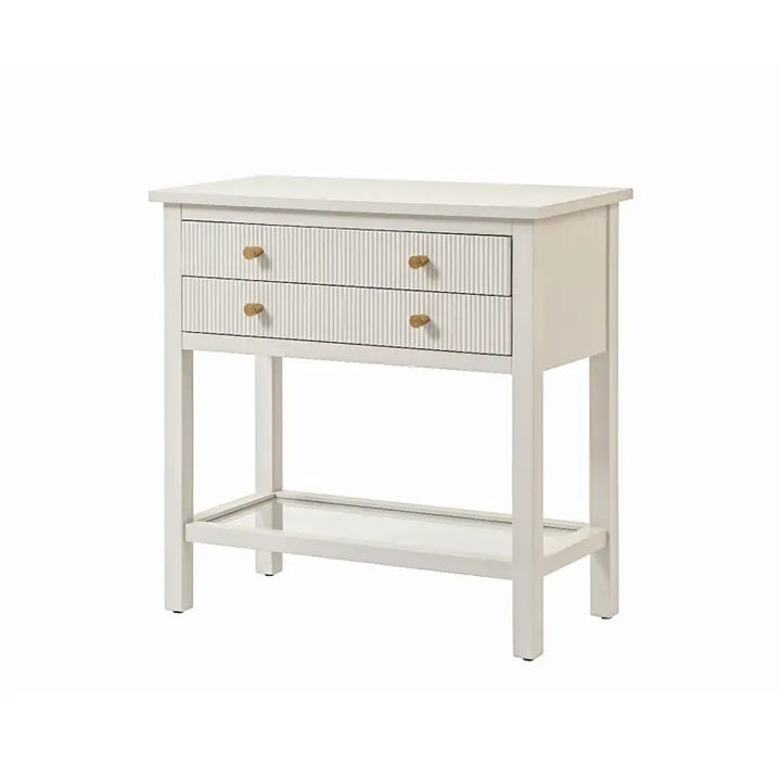 Lindon Frosty White 2 Drawer Bedside Cabinet with Clear Glass Shelf with Gold Handle #NJ Home Interiors#