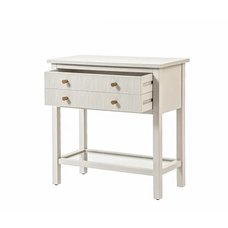 Lindon Frosty White 2 Drawer Bedside Cabinet with Clear Glass Shelf with Gold Handle #NJ Home Interiors#