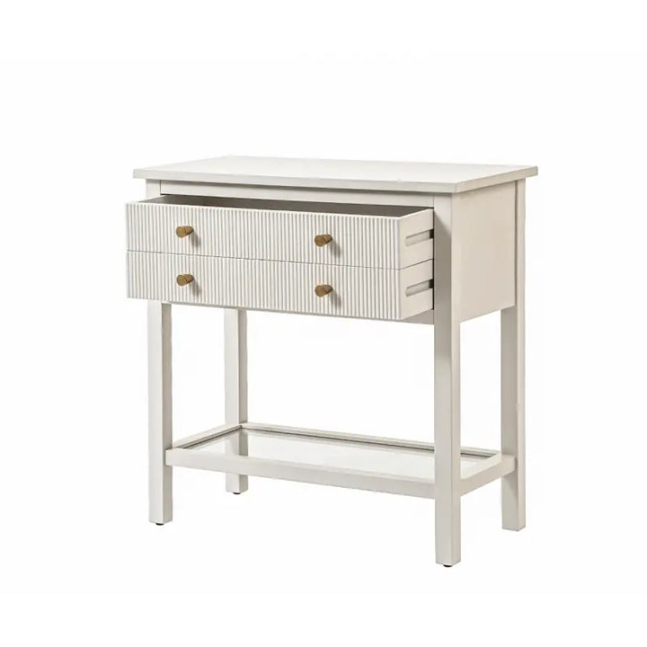 Lindon Frosty White 2 Drawer Bedside Cabinet with Clear Glass Shelf with Gold Handle #NJ Home Interiors#