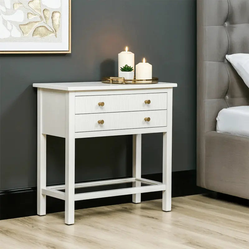 Lindon Frosty White 2 Drawer Bedside Cabinet with Clear Glass Shelf with Gold Handle #NJ Home Interiors#