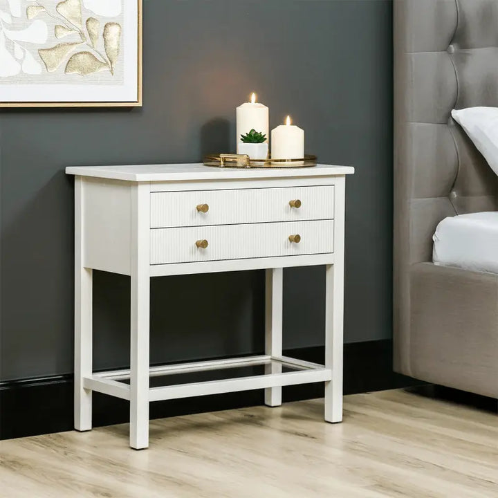 Lindon Frosty White 2 Drawer Bedside Cabinet with Clear Glass Shelf with Gold Handle #NJ Home Interiors#