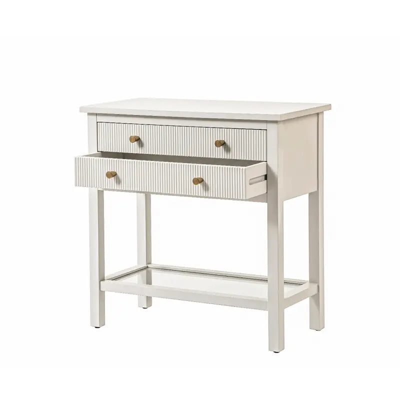 Lindon Frosty White 2 Drawer Bedside Cabinet with Clear Glass Shelf with Gold Handle #NJ Home Interiors#