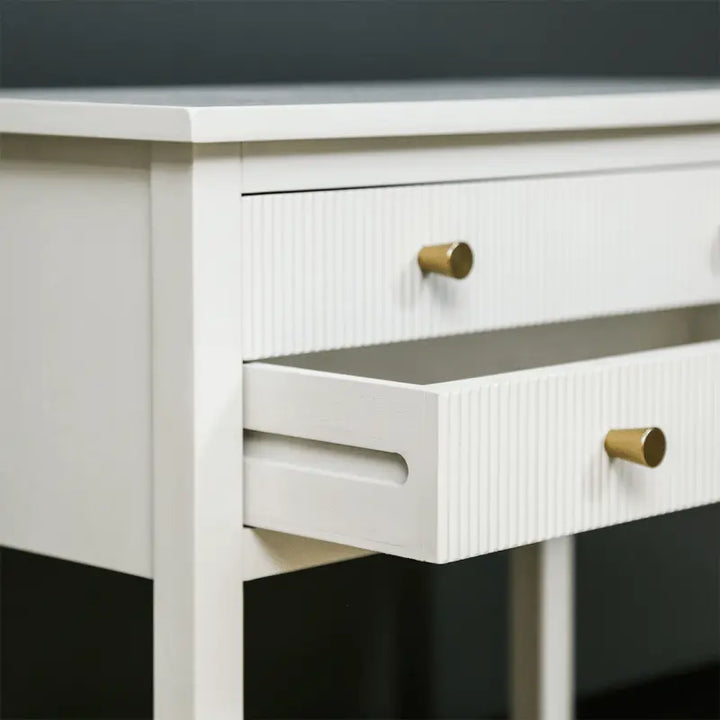 Lindon Frosty White 2 Drawer Bedside Cabinet with Clear Glass Shelf with Gold Handle #NJ Home Interiors#