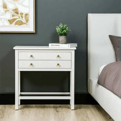 Lindon Frosty White 2 Drawer Bedside Cabinet with Clear Glass Shelf with Gold Handle #NJ Home Interiors#