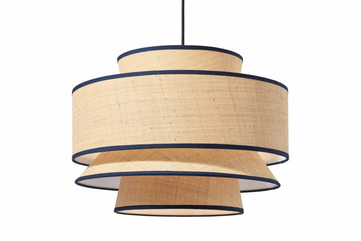 Pendant light with layered natural wood design on a white background
