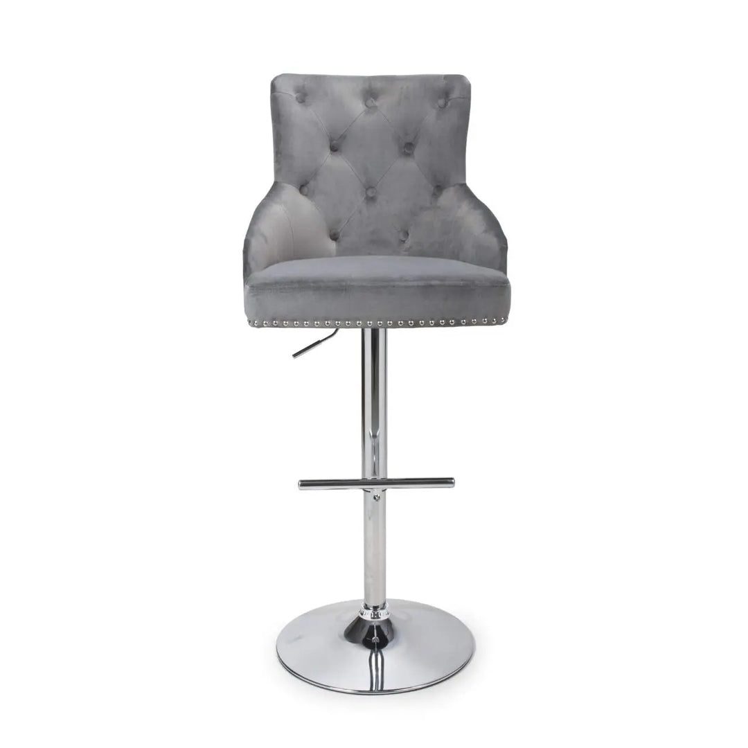 Rocco Brushed Velvet Tufted Button Back Grey Bar Stool - NJ Home Interiors