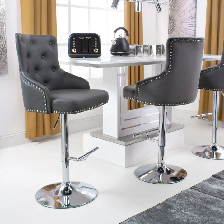 Rocco Leather Effect Graphite Grey Tufted Button Back Bar Stool - NJ Home Interiors
