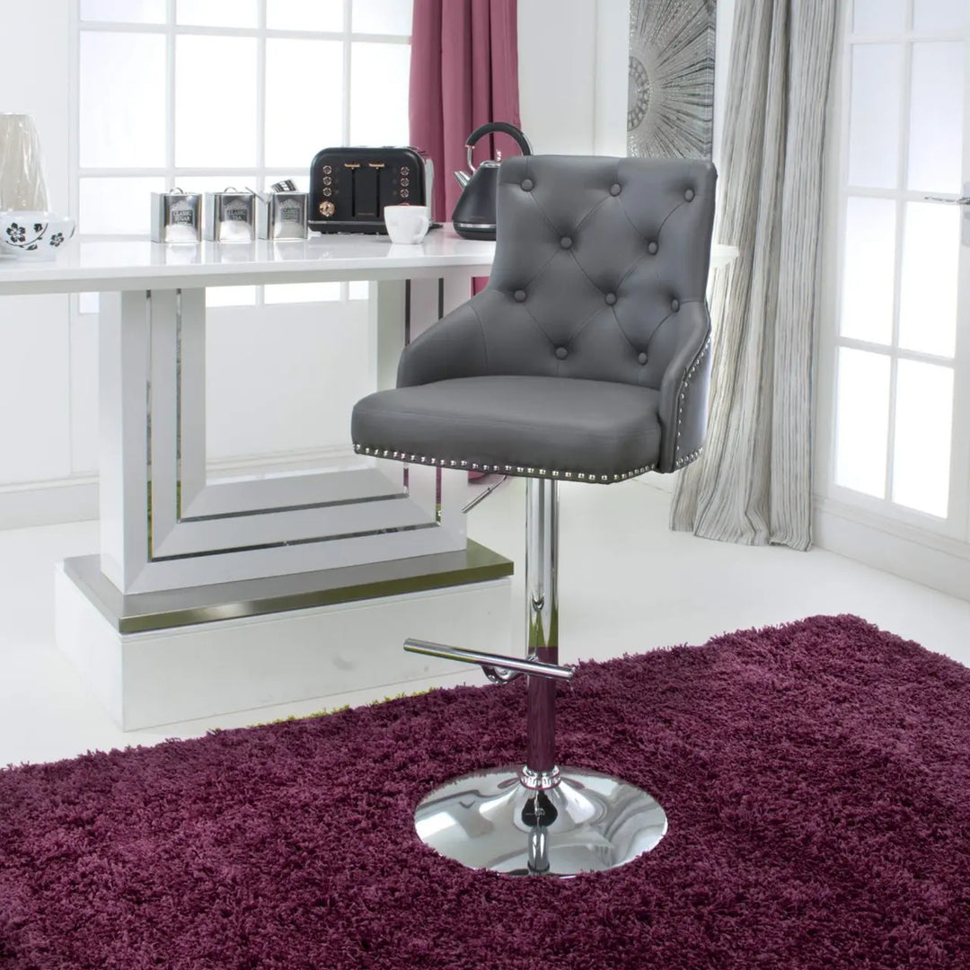 Rocco Leather Effect Graphite Grey Tufted Button Back Bar Stool - NJ Home Interiors