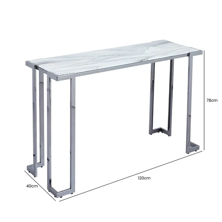 Aamari Grey Gunmetal Console Table with White Faux Marble Glass Top - KD Lina Home