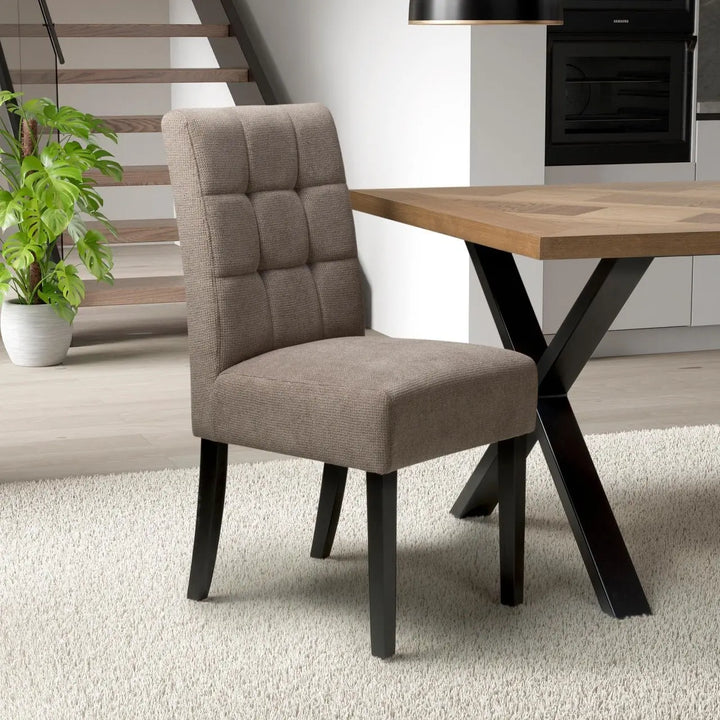 Set of 2 Moseley Waffle Flax Effect Light Brown Dining Chairs in Black Legs - NJ Home Interiors