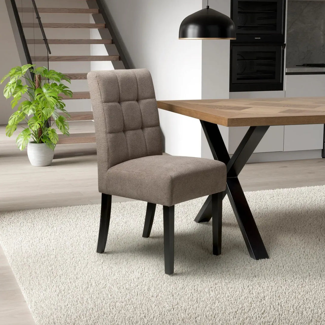 Set of 2 Moseley Waffle Flax Effect Light Brown Dining Chairs in Black Legs - NJ Home Interiors