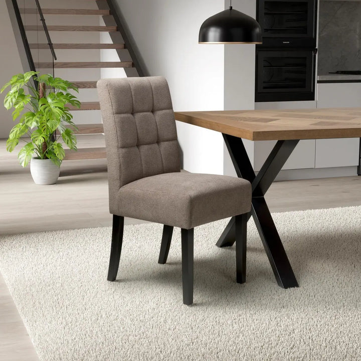 Set of 2 Moseley Waffle Flax Effect Light Brown Dining Chairs in Black Legs - NJ Home Interiors