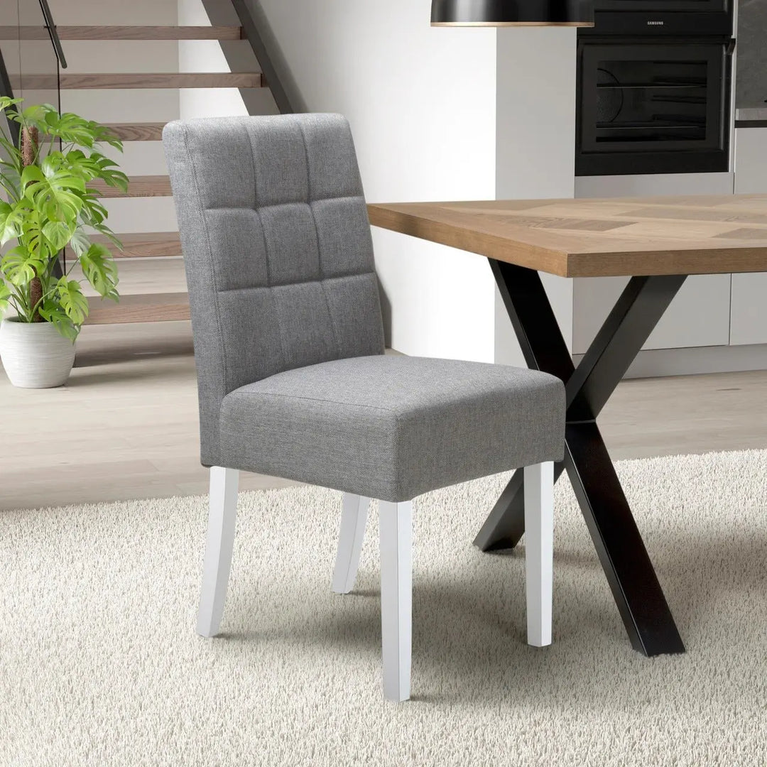 Set of 2 Moseley Waffle Linen Effect Silver Grey Dining Chairs in White Legs - NJ Home Interiors