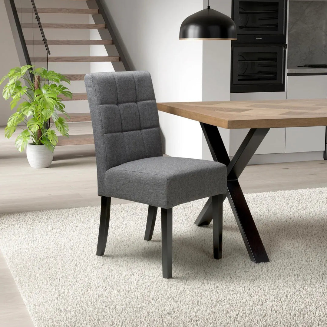 Set of 2 Moseley Waffle Linen Effect Steel Grey Dining Chairs in Black Legs - NJ Home Interiors