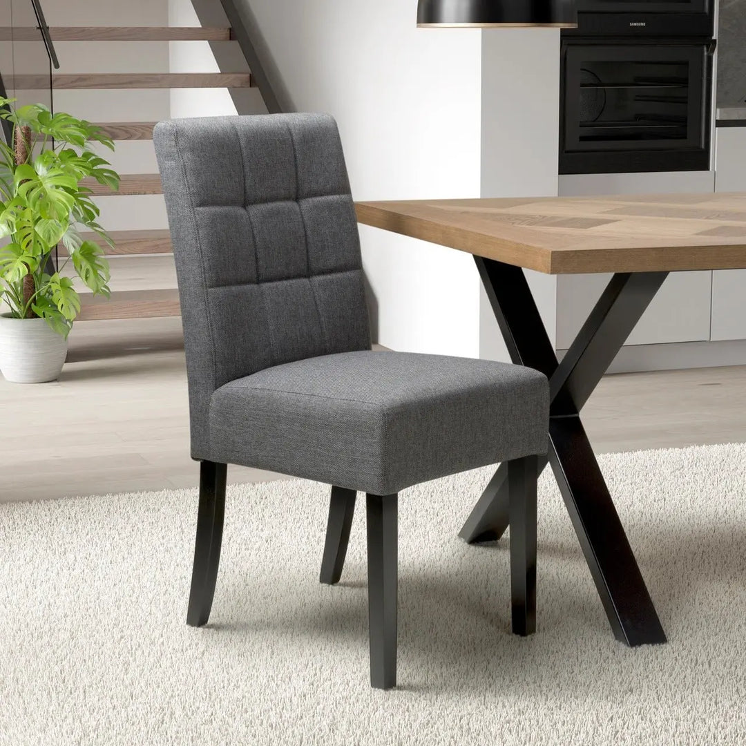 Set of 2 Moseley Waffle Linen Effect Steel Grey Dining Chairs in Black Legs - NJ Home Interiors